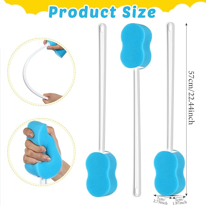 Norme 3 Pcs 22.4 Inch Long Handle Back Bath Sponge Lightweight Sponge on a Stick Body Cleaning Handled Washer Scrubber for Foot Body Limited Range of Motion, Blue