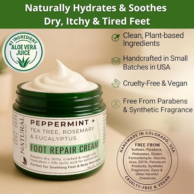 Natural Escapes Peppermint, Rosemary, Eucalyptus & Tea Tree Oil Foot Cream for Dry Feet, Cracked Heels, Calluses, Athlete's Foot - Heel Repair Cream for Women & Men (8 oz)