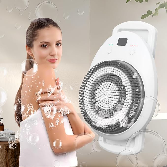 Wall Mounted Electric Back Scrubber With Spin Head for Shower - Body Brush for Deep Cleansing, Exfoliating and Massaging - Dry Brushing Bath Brush