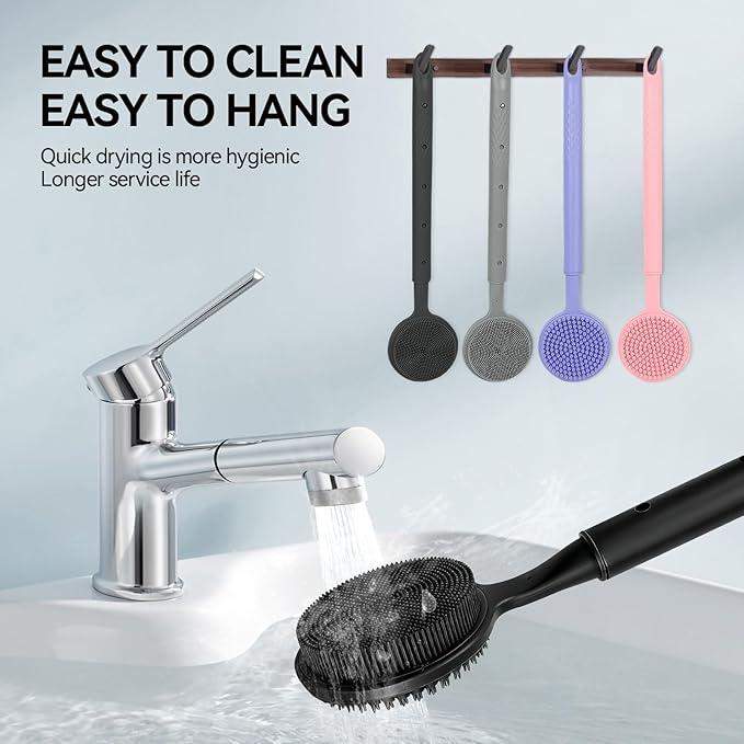 Back Scrubber for Shower, (16-24 Inch) Extendable Bath Brush Long Handle for Shower, Silicone Body Scrubber with Handle, Back Brush for Shower Men and Women,Easy to Clean (Black)