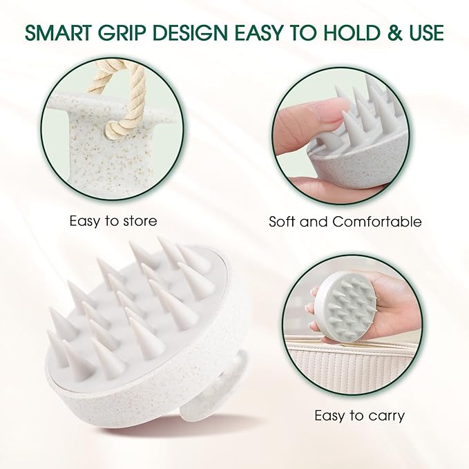Scalp Massager Brush for Hair Growth – Silicone Scalp Scrubber & Scalp Exfoliator – Manual Scalp Massager Brush for Wet or Dry Use – Hair Massager Scalp Shampoo Brush Tool (Beige)