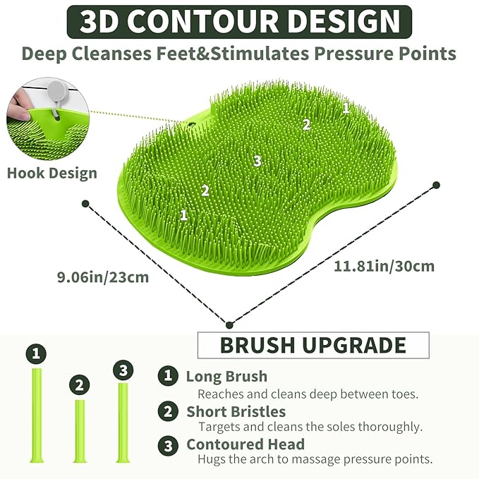 Shower Foot Scrubber Mat with 3 Types of Upgraded Brushes for Massage, Shower Back Scrubber with Micro suction cups,Non Slip Bathtub Shower Scrubber for Body at Home Spa(Sage)