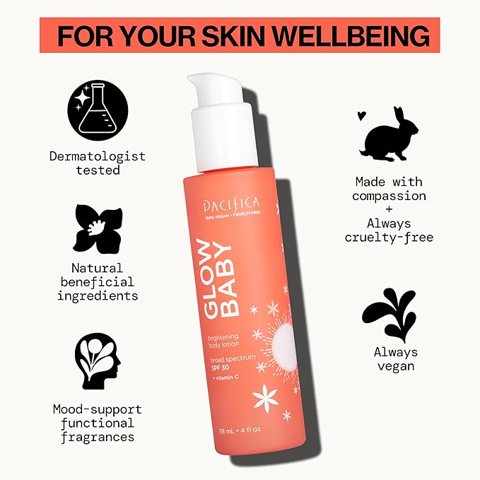 Pacifica Glow Baby Vitamin C SPF 30 Body Lotion – Brightening Daily Moisturizer + Broad Spectrum Sun Protection, Hydrating No White Cast Sunscreen for Glowing Skin, Clean Vegan & Cruelty-Free Skincare