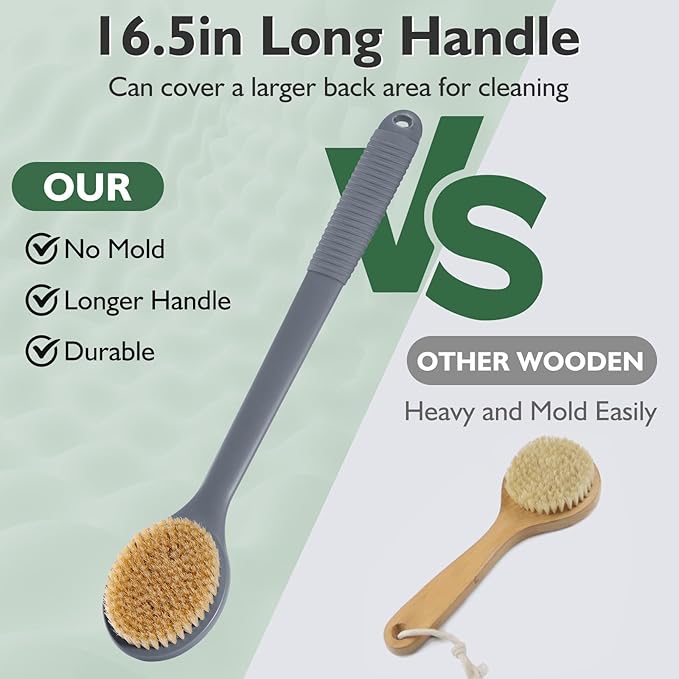 VANZAVANZU 17 Inch Anti-Slip Long Handle Back Scrubber for Shower – Dual-Sided Shower Brush and Shower Back Scrubber with Soft and Stiff Bristles for Wet or Dry Brushing (Gray)