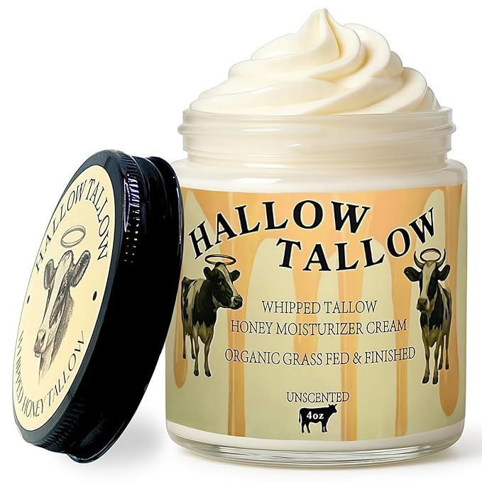 Hallow Tallow Whipped Beef Tallow Moisturizer – 100% Grass-Fed & Finished Tallow Balm with Manuka Honey, Jojoba & Olive Oil, Calendula Extract – Natural Hydrating Face & Body Cream, 4oz