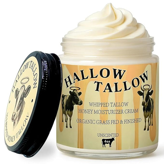 Hallow Tallow Whipped Beef Tallow Moisturizer – 100% Grass-Fed & Finished Tallow Balm with Manuka Honey, Jojoba & Olive Oil, Calendula Extract – Natural Hydrating Face & Body Cream, 4oz