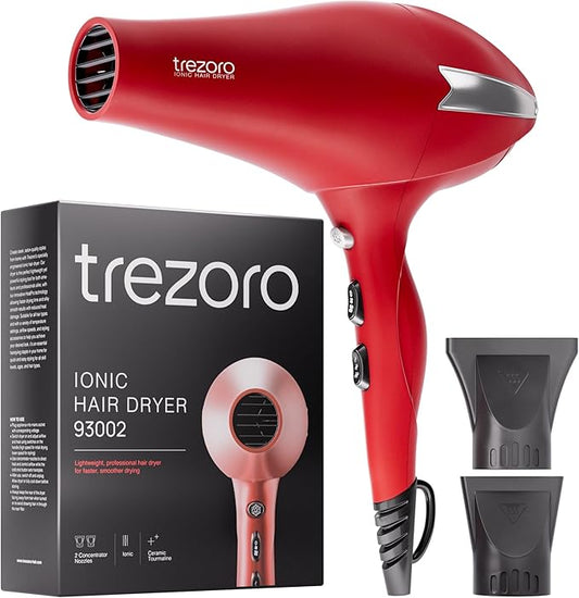 TREZORO Professional Blow Dryer for Women – Ionic Hair Dryer 2000W for Salon & Personal Use – Powerful, Fast & Quiet Drying for Curly Hair, Unwanted Frizz – Design for Travel – 8.2ft Cord – Red