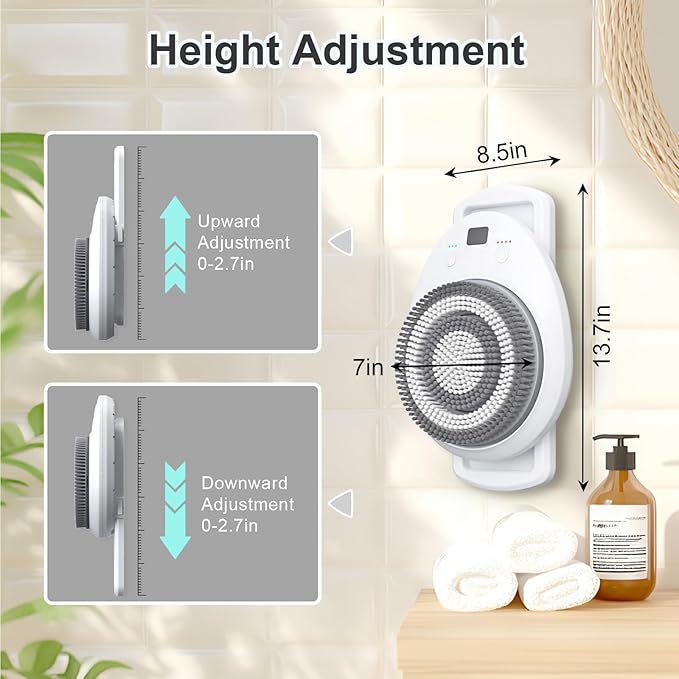 Wall Mounted Electric Back Scrubber With Spin Head for Shower - Body Brush for Deep Cleansing, Exfoliating and Massaging - Dry Brushing Bath Brush