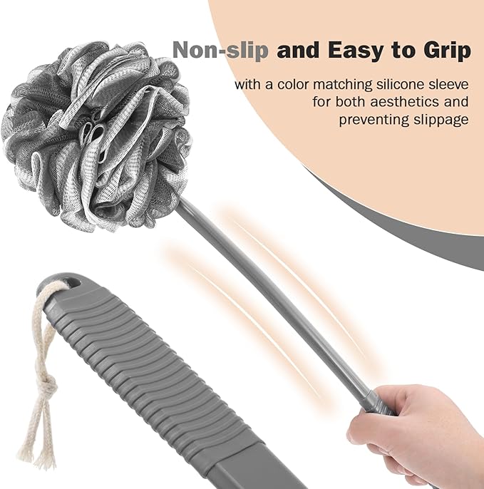 Non-Slip Back Scrubber with 17" Plastic Handle, Hand Shower Loofah & Loofah on a Stick Set, Deep Gray with White Edge