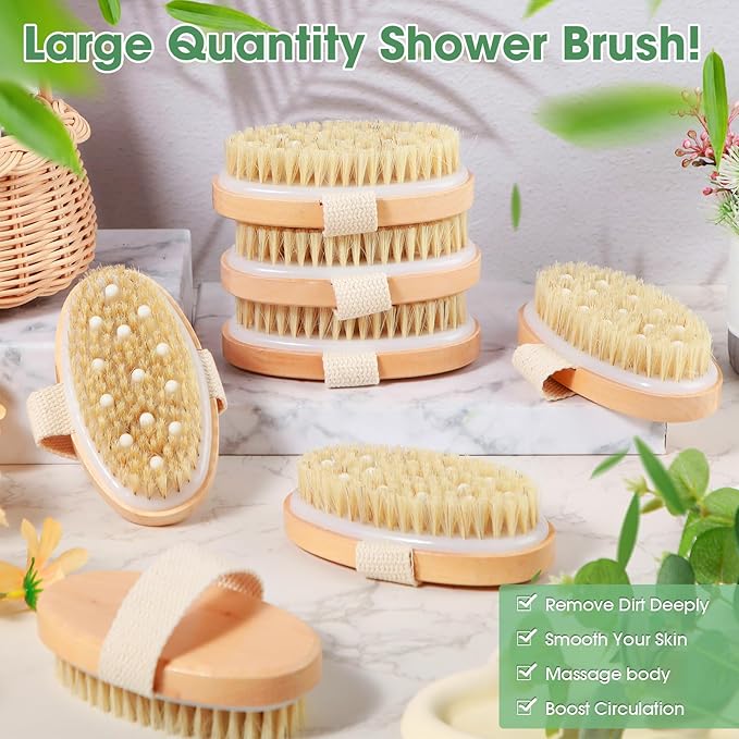 Gejoy 10 Pcs Dry Brushing Body Brush Exfoliating Brush with Massage Nodule Dry Skin Body Scrubber for Shower Bath Back Circulation Improvement Dead Skin Exfoliator (4.92 x 2.56 Inches,Wood Color)