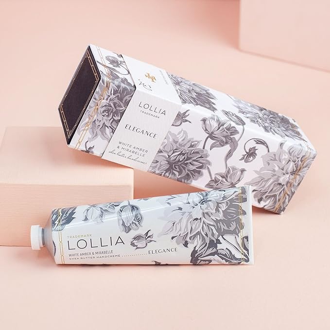 LOLLIA Elegance Handcreme, 4 oz. – White Amber & Mirabelle – Scented Hand Cream for Women, Moisturizing Hand Lotion for Dry Hands, Shea Butter & Cocoa Butter, Quick Absorbing Lotion