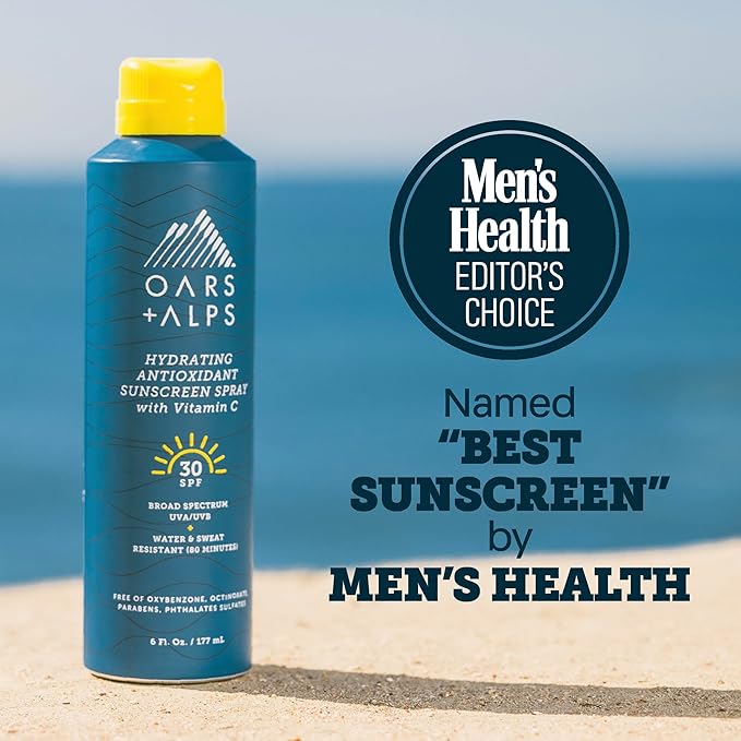 Oars + Alps Sunscreen Spray for Face & Body Spray Sunscreen Infused with Vitamin C & Antioxidants, No White Residue, Water & Sweat Resistant, All Skin Types, Lightweight, Hydrating, SPF 30, 6 Oz, 1pk