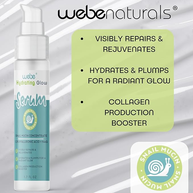 WEBE Naturals Snail Mucin 94% Hydrating Glow Serum | 1.3% Hyaluronic Acid & N-Acetyl Glucosamine | Collagen Boosting, Plumping, Anti Aging, Intense Moisturizing Serum for Radiant, Dewy Skin