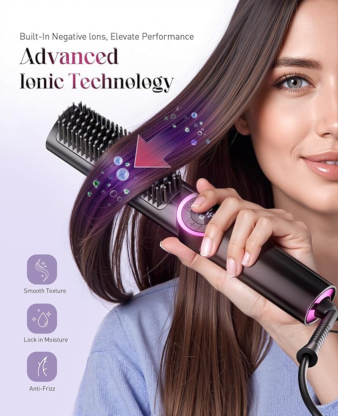 Hair Straightener Brush: Upgraded Straightening Comb with Dual Voltage, 16 Temperature Settings & LED Display
