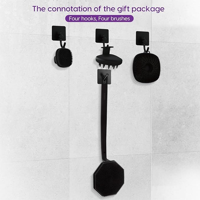 Silicone Body Scrubber Set, Includes Back & Body Scrubbers, Face Brush, Scalp Massager, 4 Storage Hooks, Shower & Bathroom Hygiene Accessories for Present(Black)