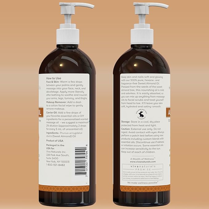 Viva Naturals Sweet Almond Oil, 16 fl. oz – Skin & Hair Moisturizer, Body & Massage Oil, Carrier Oil for Essential Oils, Non-Greasy & Pure