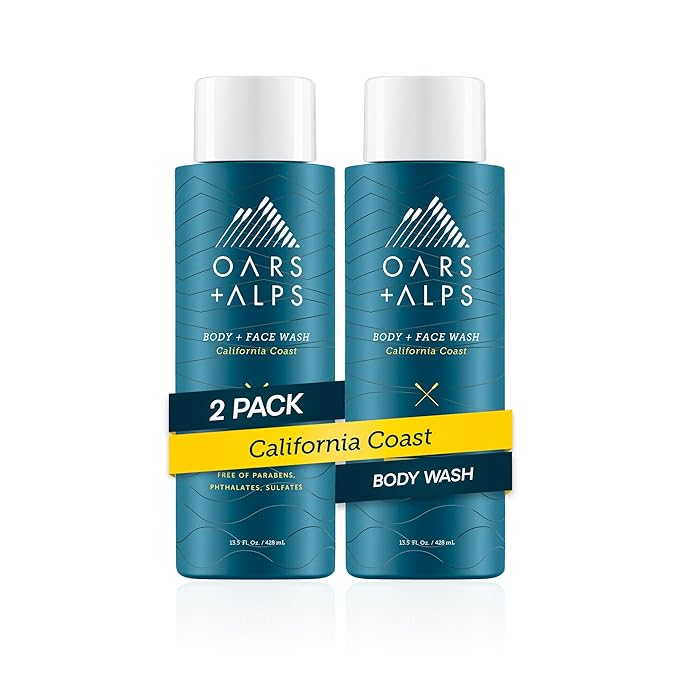 Oars + Alps Body Wash for Men, Mens Body Wash with Vitamin E and Antioxidants, Moisturizing, Hydrating, Paraben & Sulfate Free Cleanser, California Coast, 2pk