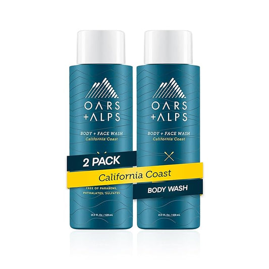 Oars + Alps Body Wash for Men, Mens Body Wash with Vitamin E and Antioxidants, Moisturizing, Hydrating, Paraben & Sulfate Free Cleanser, California Coast, 2pk