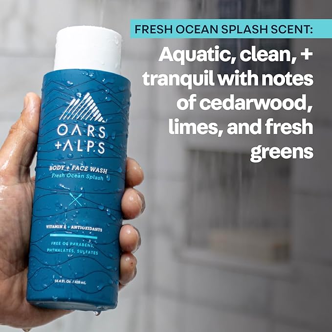 Oars + Alps Men's Moisturizing Face & Body Wash, Body Wash with Vitamin E and Antioxidants, Sulfate Free, Fresh Ocean Splash, 3pk