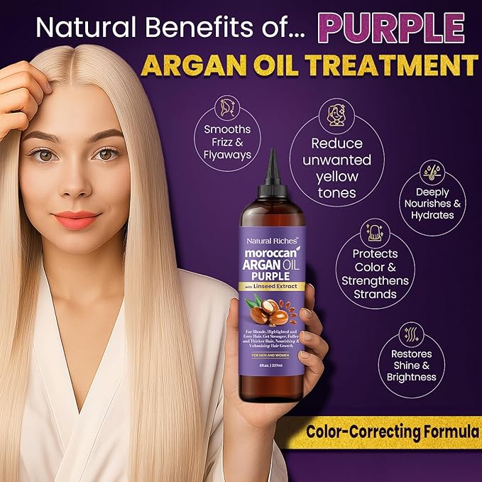 Natural Riches Purple Moroccan Argan Oil Hair Treatment with Linseed Extract, Anti-Brass Formula for Blonde, Silver, Platinum & Grey Hair Neutralize Yellow Tone, Smooths Frizz & Restore Shine 8 fl oz
