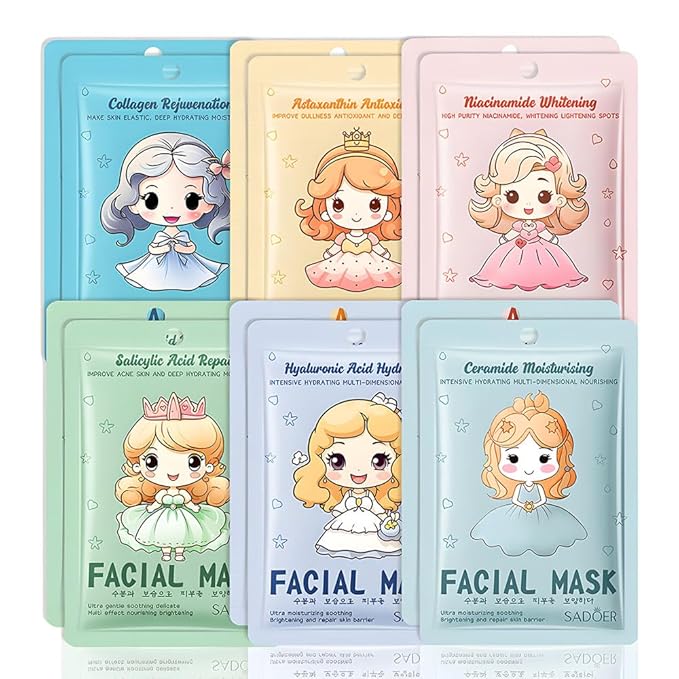 Girl Character Sheet Masks, Spa Party Facial Mask Skincare Set, Sheet Masks Skin Care, Moisturize Brighten Soothe for All Skin Types, Christmas Birthday Gifts for Women Men Girls, (12Pcs)