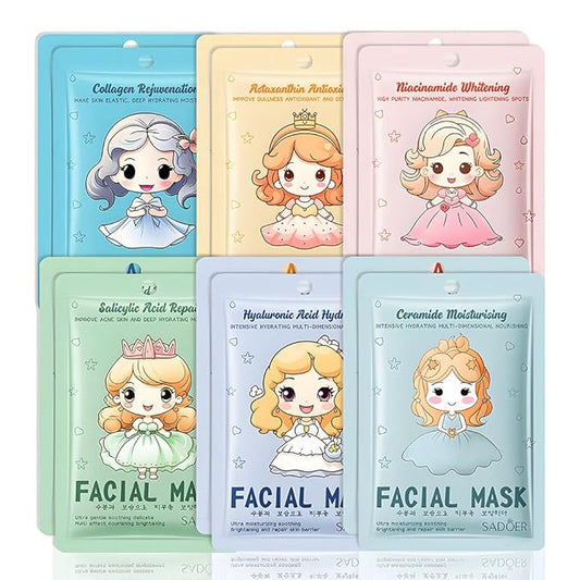 Girl Character Sheet Masks, Spa Party Facial Mask Skincare Set, Sheet Masks Skin Care, Moisturize Brighten Soothe for All Skin Types, Christmas Birthday Gifts for Women Men Girls, (12Pcs)