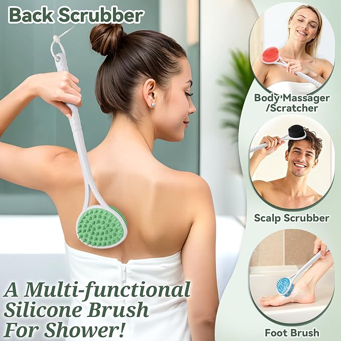 Silicone Back Body Face Scrubbers Set 4PCS, 15.35’’ Back Scrubber Soft Body Scrubber for Dual-Side Usage, Easy-to-Hold Soft Bath Glove & Face Scrubber for Good Foaming Deep Cleaning(Green)