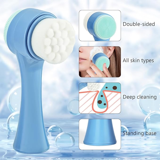 Face Brush 2 in 1, Facial Cleansing Exfoliating Scrubber Brush, Silicone Double Side Manual Face Wash Scrub Brush with Soft Fiber for Deep Pore Cleansing, Massaging, Skin Care,Blue
