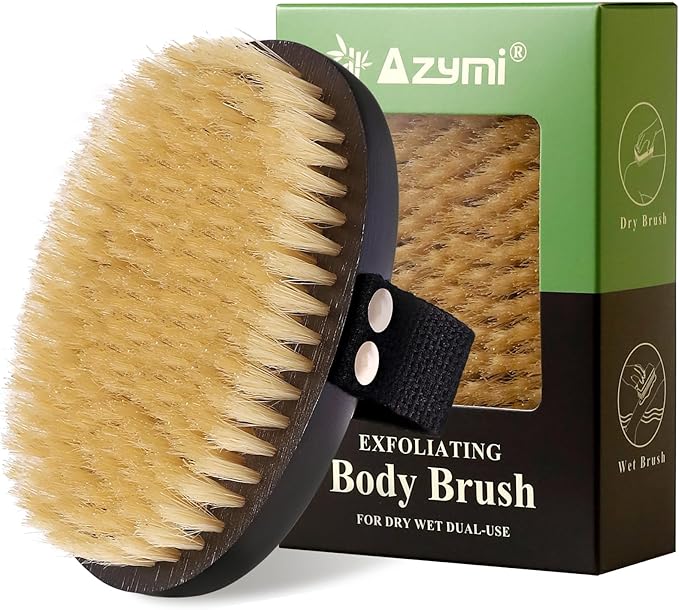 Dry Brushing Body Brush for Lymphatic Drainage, Azymi Shower Bath Brush 100% Natural Thick Bristles Exfoliate Dead Skin, Detoxify, Improve Blood Circulation, Dry & Wet Brush Dual-Use 1-Pack Oval