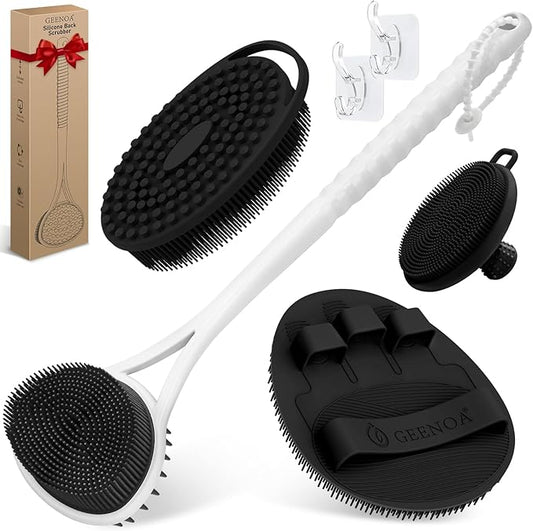 Silicone Back Body Face Scrubbers Set 4PCS, 15.35’’ Back Scrubber Soft Body Scrubber for Dual-Side Usage, Easy-to-Hold Soft Bath Glove & Face Scrubber for Good Foaming Deep Cleaning(Black)