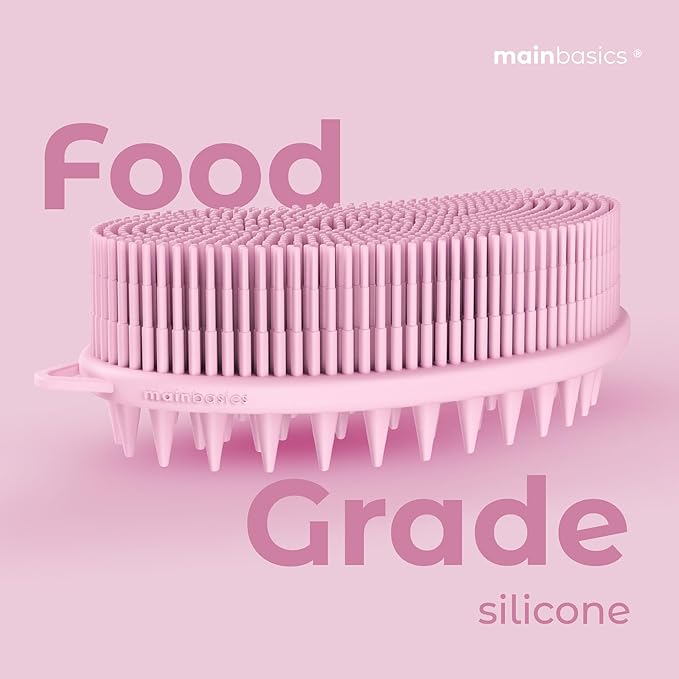 MainBasics Silicone Body Scrubber – Dual-Sided Shower & Scalp Scrubber, Gentle Silicone Loofah Alternative for Deep Clean (Pink, Scalp)