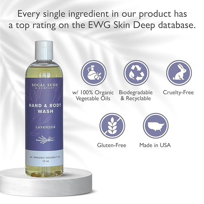 SoCal Suds & Company - 12oz Organic Soap Liquid, Gentle Hand & Body Wash, Organic Body Wash for Men and Women, Made w/Organic Oils & Coconut Oil, Bath Essentials for All Skin Types - 2pk Lavender