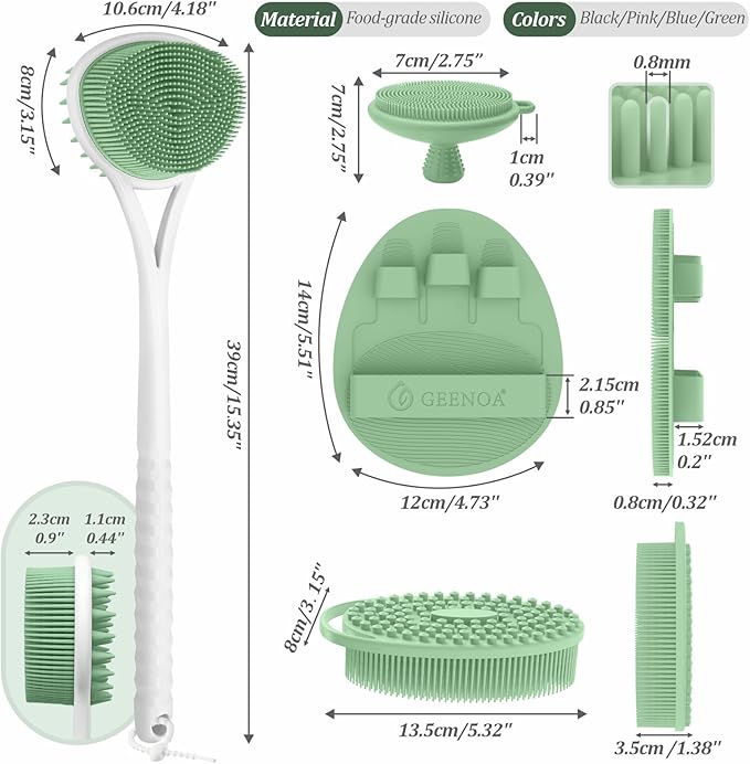 Silicone Back Body Face Scrubbers Set 4PCS, 15.35’’ Back Scrubber Soft Body Scrubber for Dual-Side Usage, Easy-to-Hold Soft Bath Glove & Face Scrubber for Good Foaming Deep Cleaning(Green)
