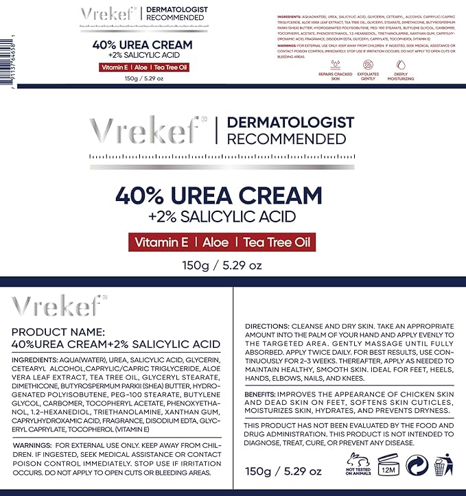 Urea Cream 40 Percent for Feet Maximum Strength, Urea Cream 40% Plus Salicylic Acid 2%, Foot & Hand Cream for Dry Cracked