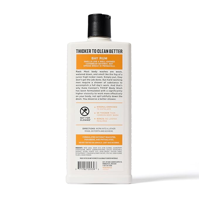 Duke Cannon Supply Co. Thick High Viscosity Body Wash - 3X Thicker, Plant-Based, Mineral-Enriched Body Wash for Men - Bourbon, Naval Diplomacy, Old Glory, & Bay Rum