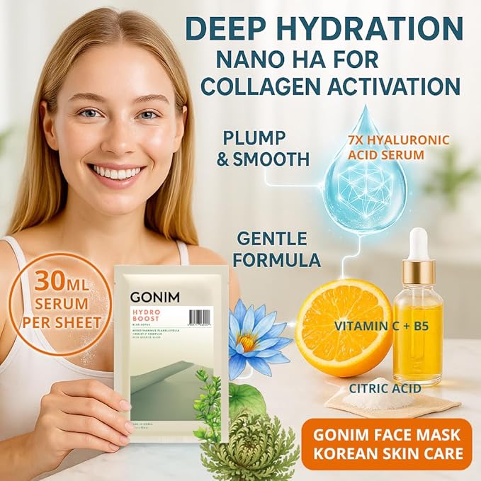 GONIM Face Mask Korean Skin Care with Hyaluronic Acid Serum, Collagen Activation, Vitamin C-Face Masks Skincare Hydration, Moisturizing Sheet Mask, Travel Essentials, Korean Face Mask 30ml x10pcs