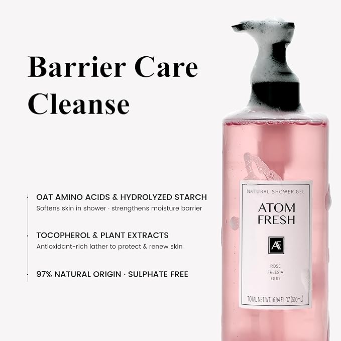 Atom Fresh Fine Fragrance Body Wash – Rose Freesia Oud Scent | Gentle Amino-Acid Cleanser with Oat, Soapberry & Vitamin E | Plant-Based & Sulfate-Free, 16.94 fl oz