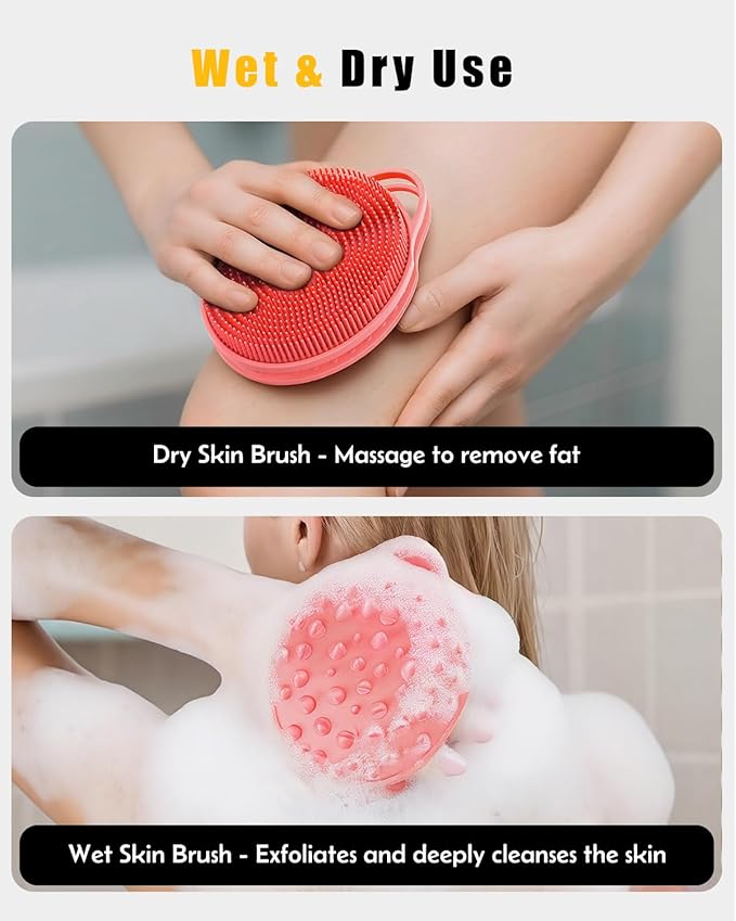 2 in 1 Silicone Body Scrubber, Anti Cellulite Massage Scrubber, Exfoliating Shower Brush for Men & Women, Removes Dead Skin, Reduces Cellulite, Improves Circulation, Fast Dry, Non Slip (1PC, Pink)