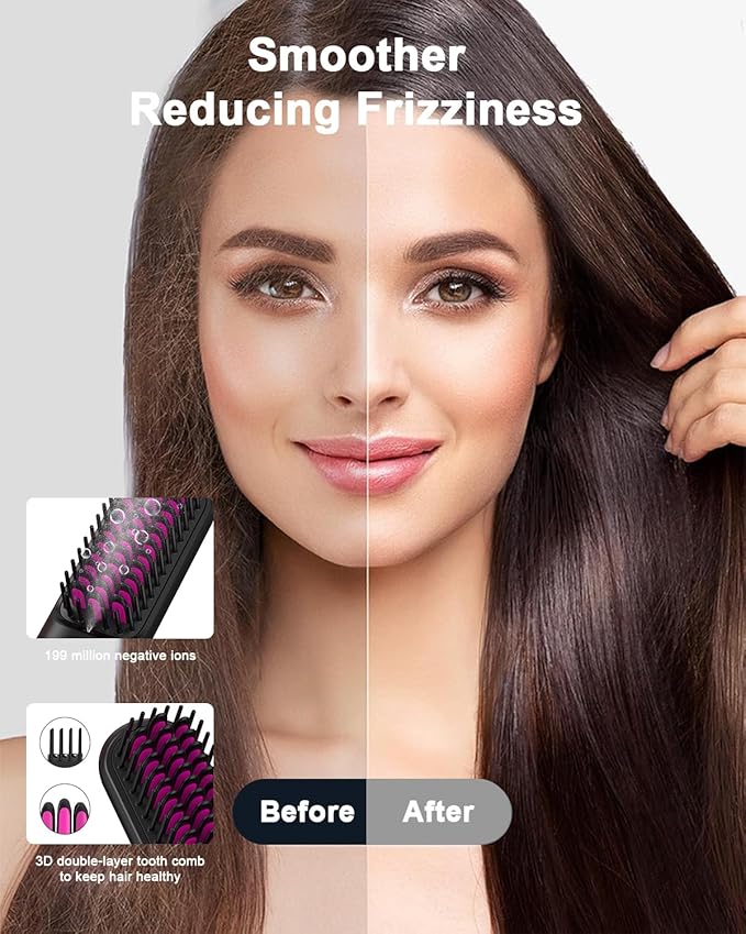 Rechargeable Hair Straightener Brush - 6400mAh Large Capacity Battery - Portable Straightening Brush Comb - Mini Cordless Ionic Straightener for Women - Great for Travel & Home