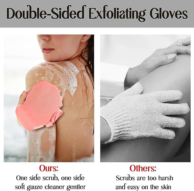 Deep Exfoliating Mitts (2pcs) Double-Sided Gloves for Shower, Body Massage Scrub & Bath Loofah Sponge，Skin Exfoliator, Dead Skin Remover (Pink & Blue)