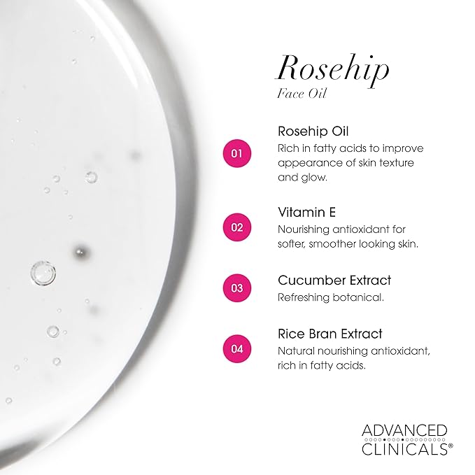 Advanced Clinicals Rosehip Oil For Face With Vitamin E + Botanicals Helps Improve Look Of Dark Spots, Wrinkles, Fine Lines, & Uneven Looking Skin Tone | Moisturizing Skin Care Face Serum, 1.8 Fl Oz