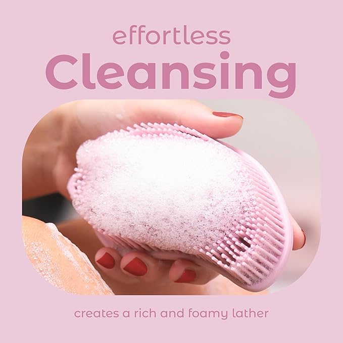 MainBasics Silicone Body Scrubber – Dual-Sided Shower Exfoliator for Men & Women, Gentle Silicone Loofah Alternative for Deep Clean (Pink, Exfoliate)