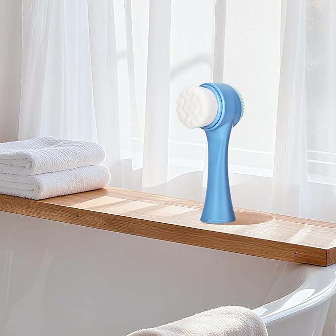 Face Brush 2 in 1, Facial Cleansing Exfoliating Scrubber Brush, Silicone Double Side Manual Face Wash Scrub Brush with Soft Fiber for Deep Pore Cleansing, Massaging, Skin Care,Blue