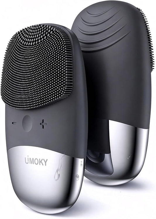 Facial Cleansing Brush, 3-in-1 Electric Silicone Face Scrubber, Vibrating Massager, IPX7 Waterproof, USB Rechargeble Pore Brush for Deep Cleanning, Blackhead Remover, Exfoliating (Gray)