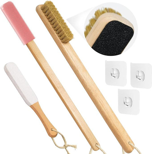 Long Handle Toe Gap Cleaning Brush+Body Shower Brush+Foot Grinder, Silicone Foot Scrubber for Shower, Feet Cleaner Scrub Foot Care for Seniors,Elderly, Men and Women,Pink