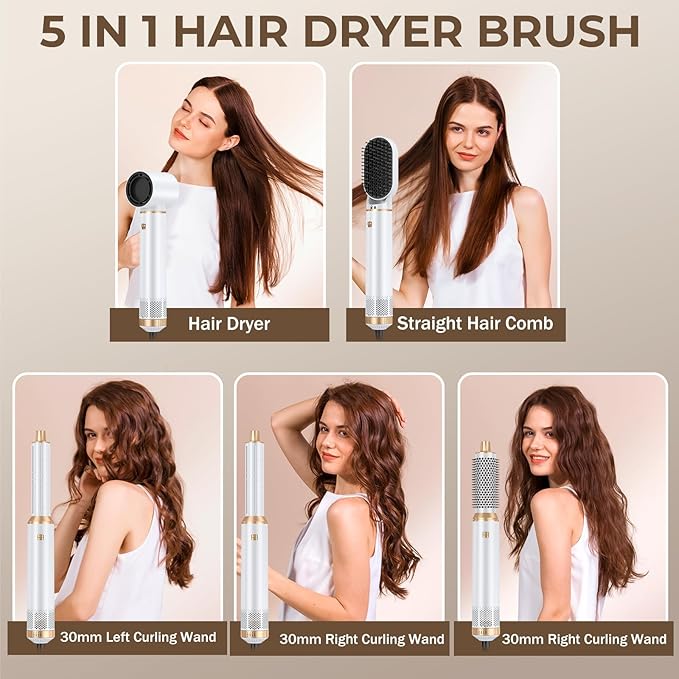 5 in 1 Hair Dryer Brush, Negative Ion Blow Dryer Brush Set Upgrade Hot Air Brush Air Styler Curling Wrap Air Curler, Curling Iron Hair Styling Tools As A Gift for Straight/Curl/Drying/Smoothing