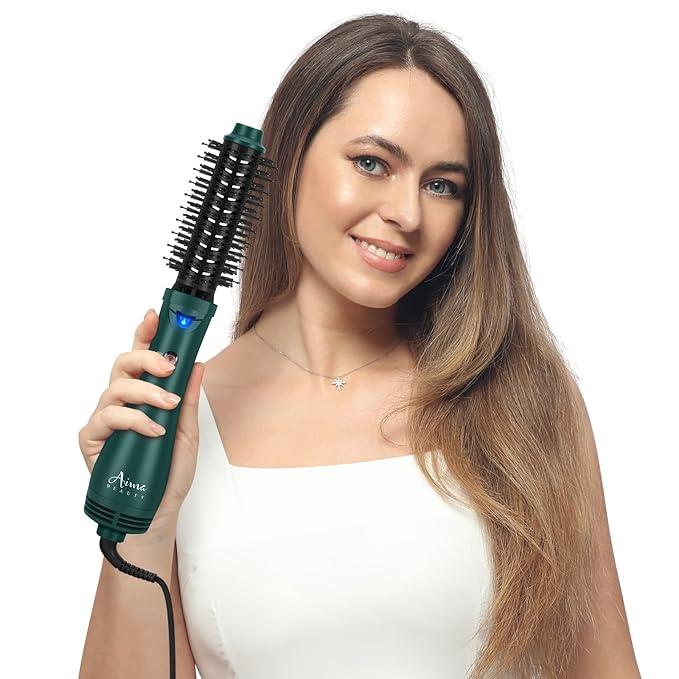 Aima Beauty Hair Dryer Brush, One Step Hair Dryer & Volumizing Hot Air Brush, 3 Heat/Speed Settings, Advanced Ionic Technology, Ceramic Coating, Nylon Pins & Tufted Bristles, Dark Green, 1000W, 125V