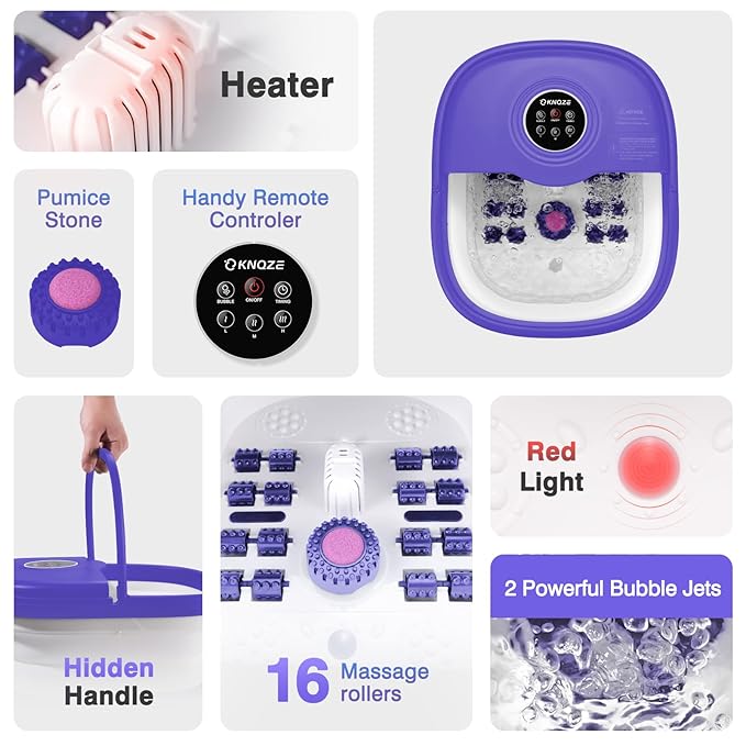 KNQZE Collapsible Foot Spa with Heat, Remote Control, Temperature Control, Bubbles, Pumice Stone, Red Light, Timer, 16 Massage Roller Pedicure Foot Bath Tub Foot Soaker for Feet Stress Relief, Purple