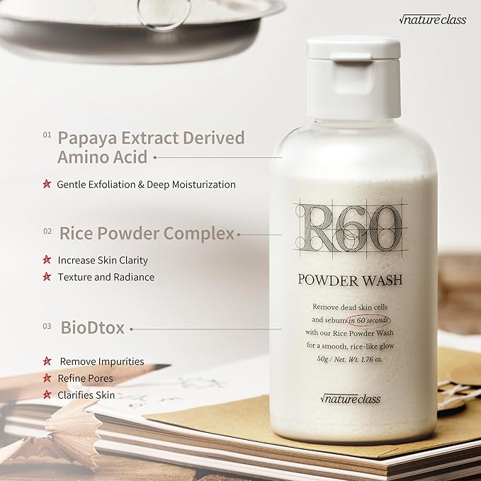 R60 Rice Enzyme Face Wash Powder – Exfoliating Facial Cleanser with Rice Bran Extract, Gentle Powder Wash for Sensitive Skin, Deep Pore Care, Korean Skin Care, Fragrance Free, 1.76oz