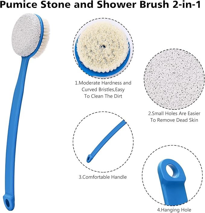 Foot File Callus Remover,Beomeen Pumice Stone for Feet with Long Handle, Hard Skin Callus Remover, 2 in 1 Foot Scrubber, Back Body Brush for Shower Brush Deep Cleansing and Exfoliating (Curved),Blue